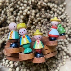 Vintage Italian Colorful Wooden Toy Figures Coaster Set of 5